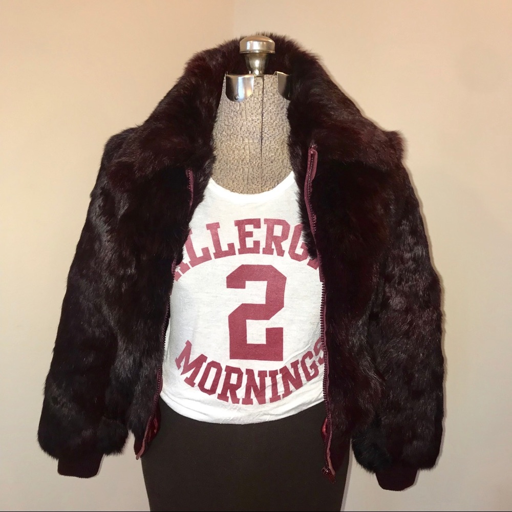 Vintage Oxblood Rabbit Fur Bomber Jacket
